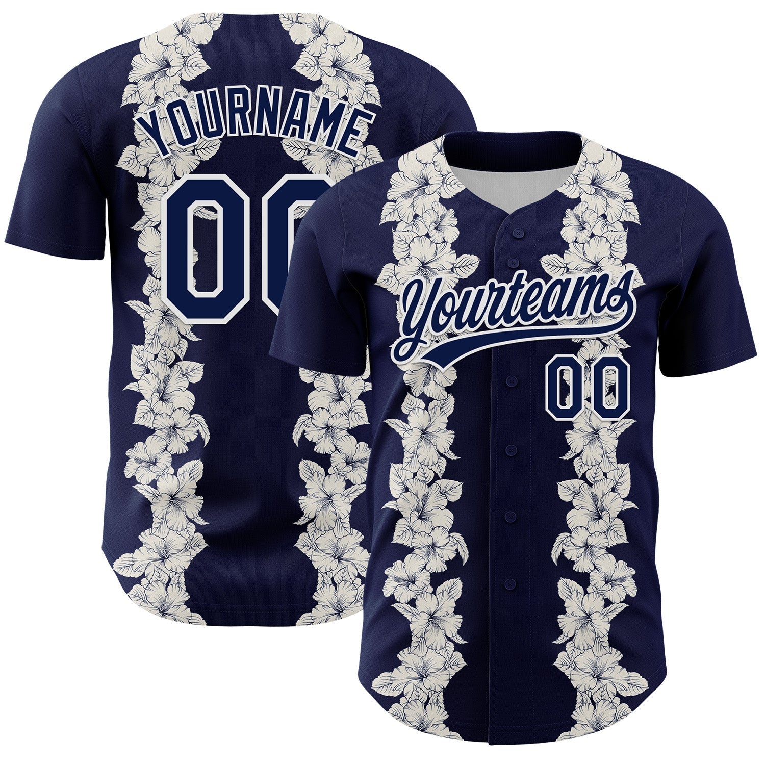 Custom Navy White 3D Tropical Hawaii Leaves And Flower Authentic Baseball Jersey - Sky-Custom