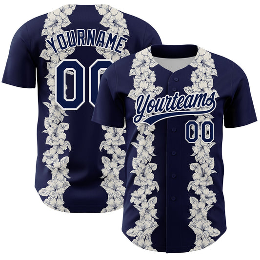 Custom Navy White 3D Tropical Hawaii Leaves And Flower Authentic Baseball Jersey - Sky-Custom