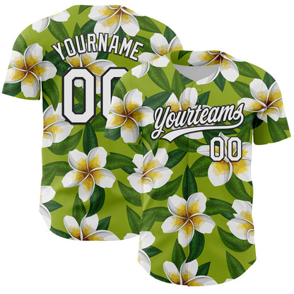 Custom Green White-Black 3D Tropical Hawaii Jungle Leaves And Flower Authentic Baseball Jersey - Sky-Custom