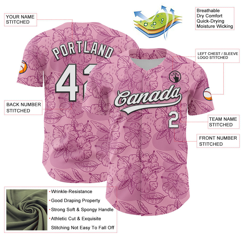 Custom Light Pink White-Black 3D Tropical Hawaii Jungle Leaves And Flower Authentic Baseball Jersey - Sky-Custom