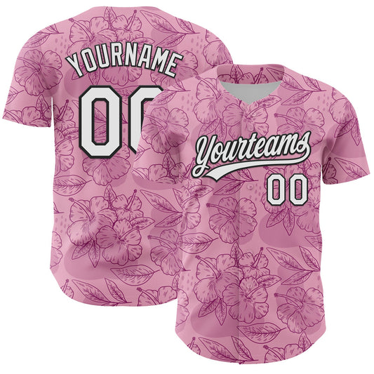 Custom Light Pink White-Black 3D Tropical Hawaii Jungle Leaves And Flower Authentic Baseball Jersey - Sky-Custom