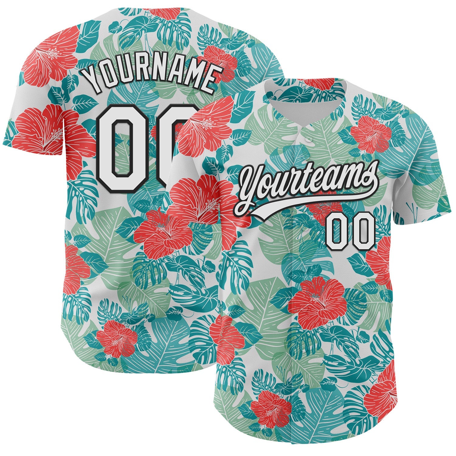 Custom White Black 3D Tropical Hawaii Jungle Leaves And Flower Authentic Baseball Jersey - Sky-Custom