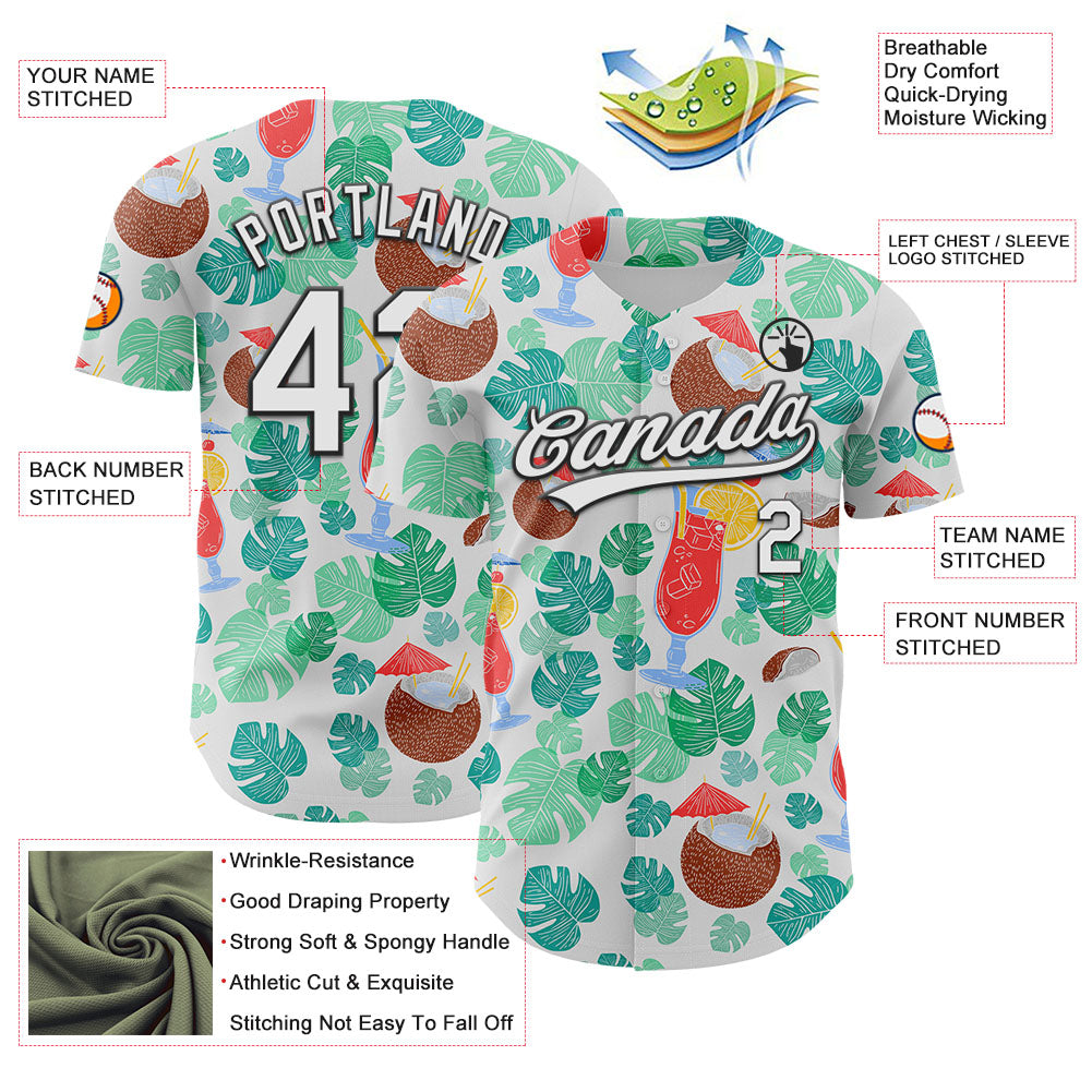 Custom White Black 3D Tropical Hawaii Jungle Leaves And Flower Authentic Baseball Jersey - Sky-Custom