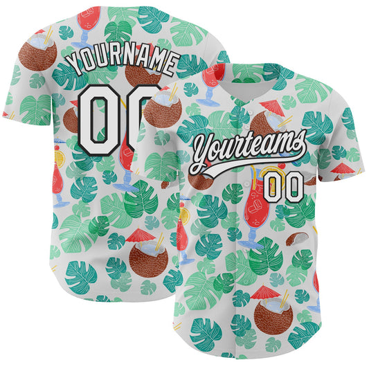 Custom White Black 3D Tropical Hawaii Jungle Leaves And Flower Authentic Baseball Jersey - Sky-Custom