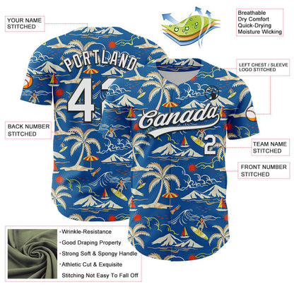 Custom Blue White-Black 3D Tropical Beach Island Hawaii Palm Tree Authentic Baseball Jersey - Sky-Custom
