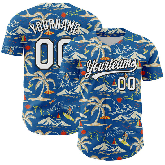 Custom Blue White-Black 3D Tropical Beach Island Hawaii Palm Tree Authentic Baseball Jersey - Sky-Custom