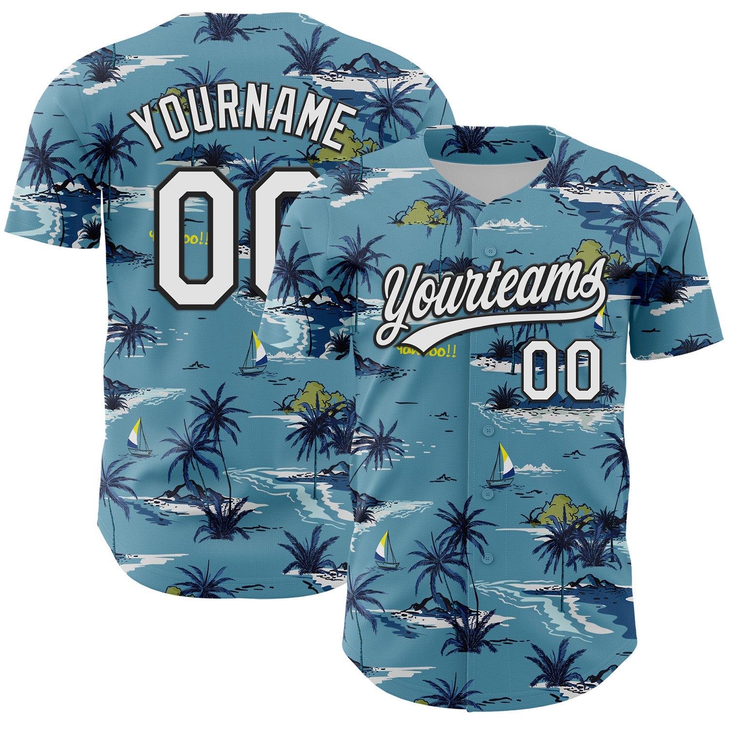 Custom Shadow Blue White-Black 3D Tropical Beach Island Hawaii Palm Tree Authentic Baseball Jersey - Sky-Custom