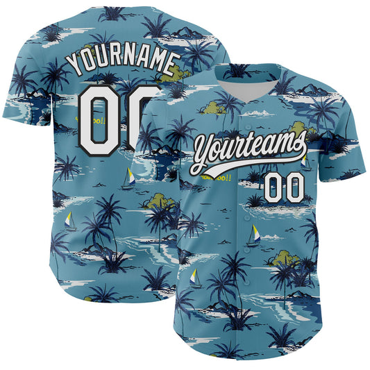 Custom Shadow Blue White-Black 3D Tropical Beach Island Hawaii Palm Tree Authentic Baseball Jersey - Sky-Custom