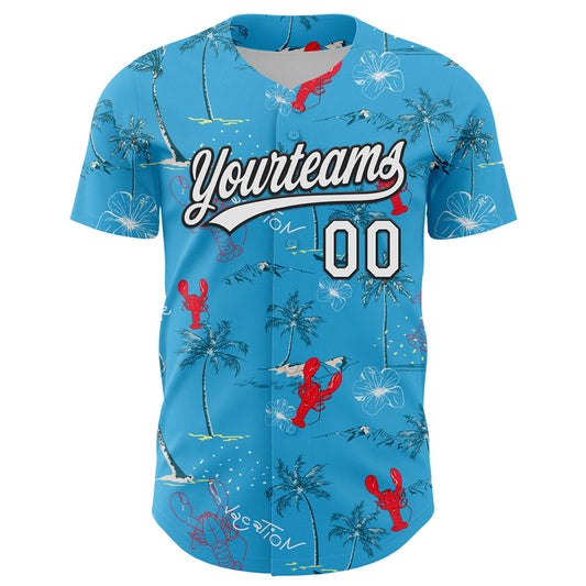 Custom Sky Blue White-Black 3D Tropical Beach Hawaii Palm Tree And Lobster Authentic Baseball Jersey - Sky-Custom