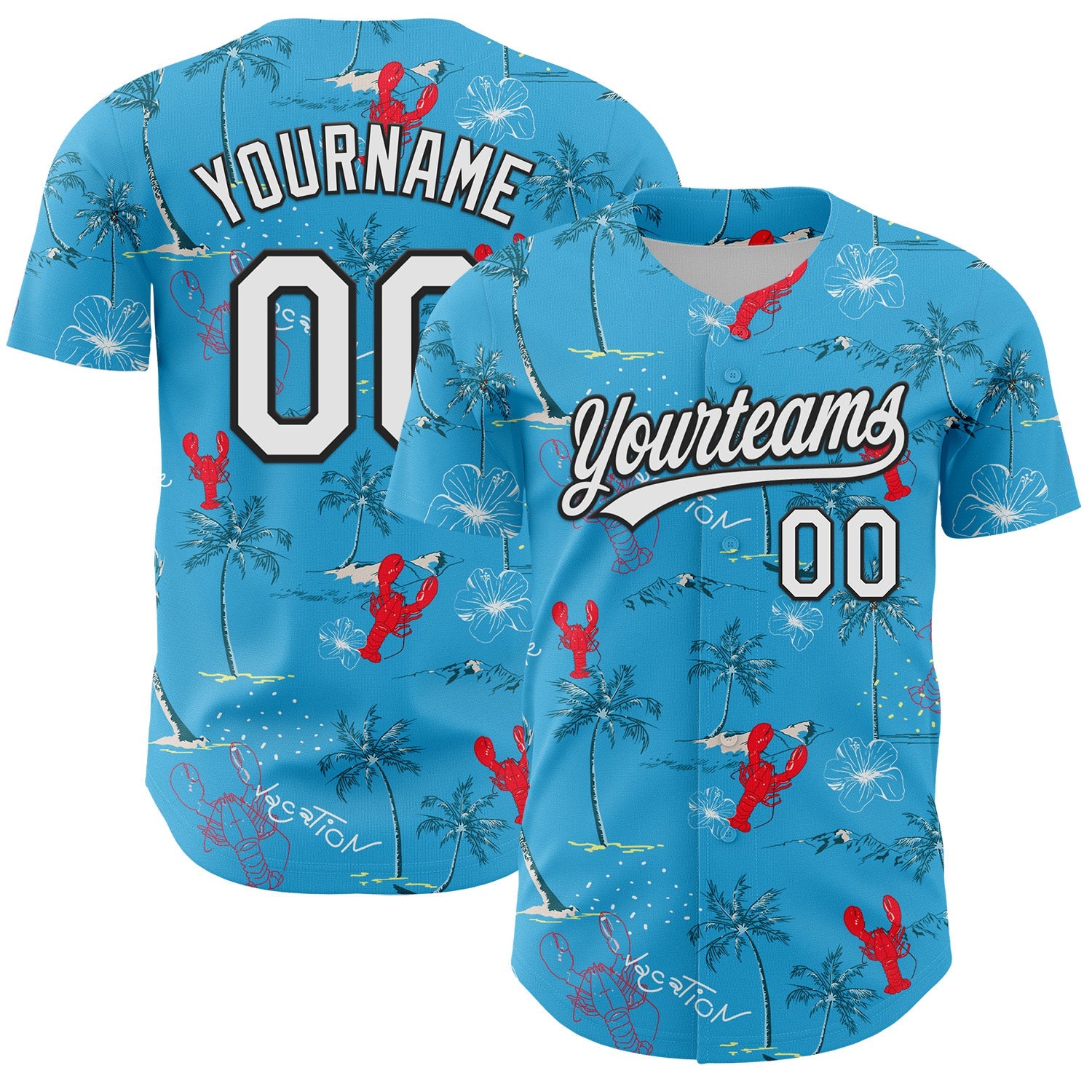 Custom Sky Blue White-Black 3D Tropical Beach Hawaii Palm Tree And Lobster Authentic Baseball Jersey - Sky-Custom