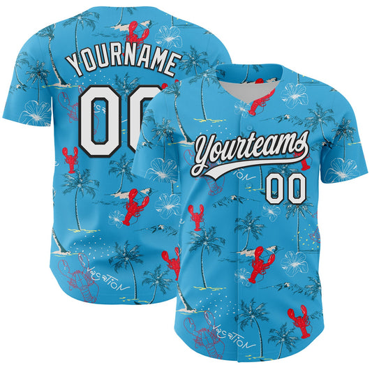 Custom Sky Blue White-Black 3D Tropical Beach Hawaii Palm Tree And Lobster Authentic Baseball Jersey - Sky-Custom