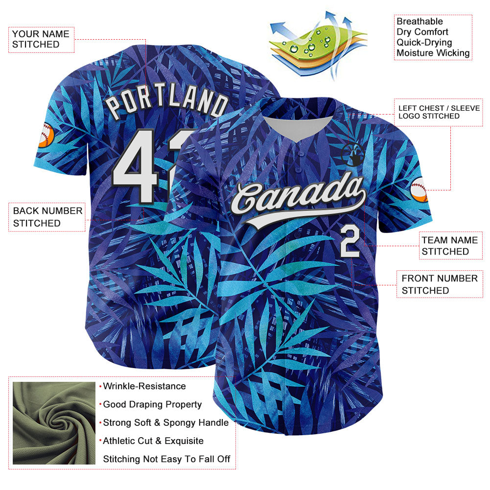Custom Purple White-Black 3D Tropical Hawaii Leaves Authentic Baseball Jersey - Sky-Custom
