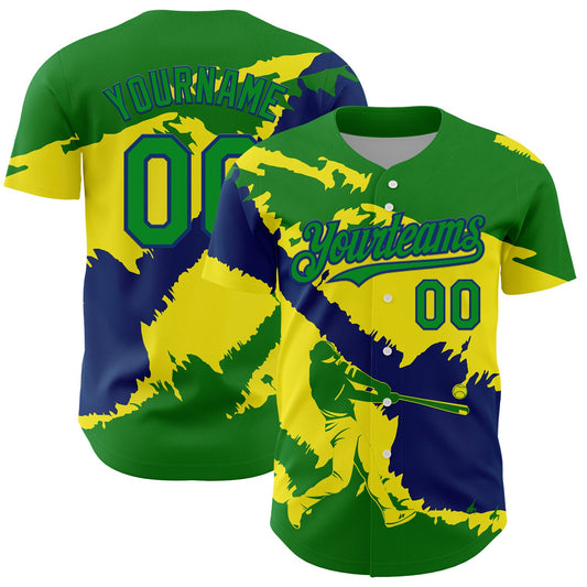 Custom Grass Green US Navy Blue-Light Yellow 3D Brazil Brazilian Flag Authentic Baseball Jersey - Sky-Custom