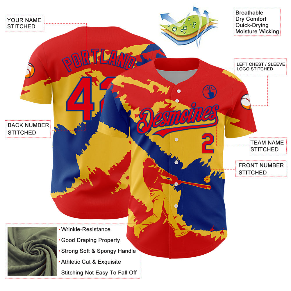 Custom Fire Red Royal-Yellow 3D Colombia Colombian Flag Authentic Baseball Jersey - Sky-Custom