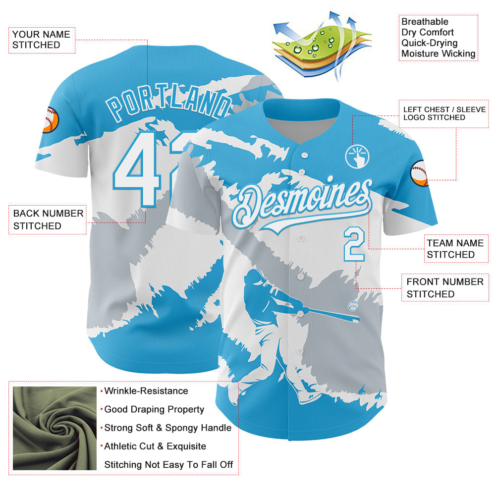 Custom Sky Blue White-Silver 3D Guatemala Guatemalan Flag Authentic Baseball Jersey - Sky-Custom