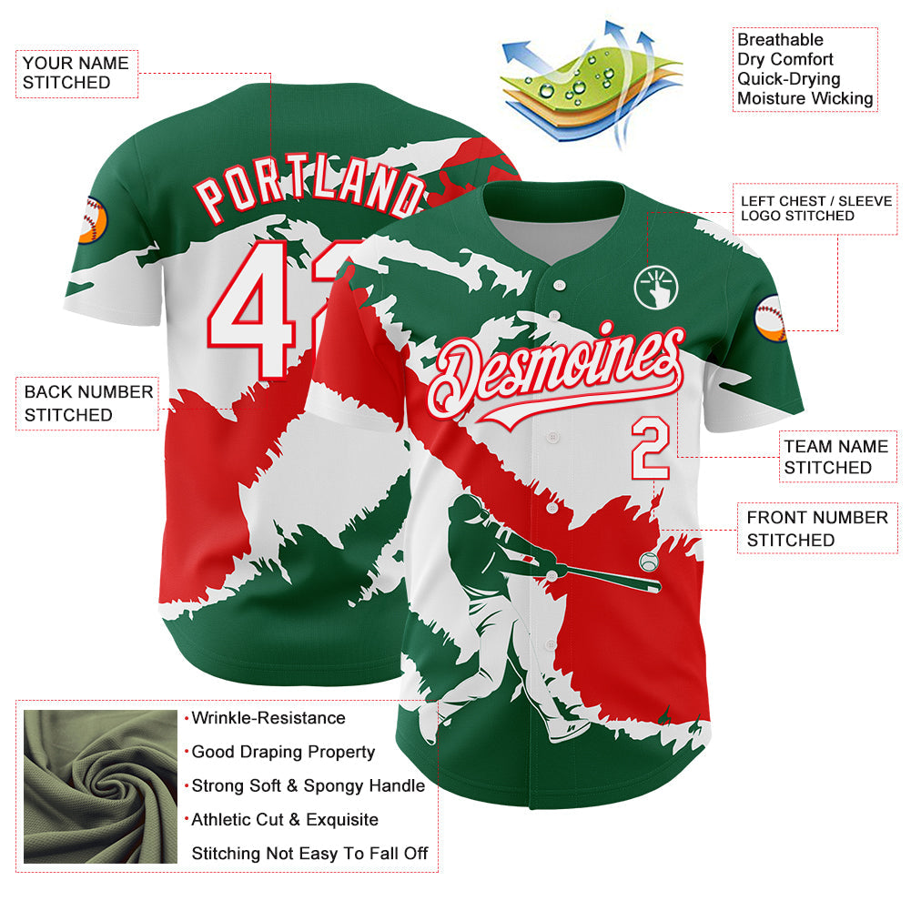 Custom Kelly Green White-Fire Red 3D Mexico Mexican Flag Authentic Baseball Jersey - Sky-Custom