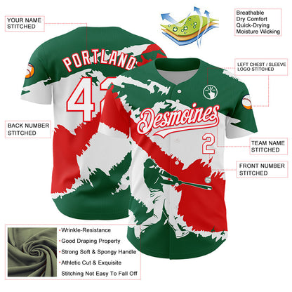 Custom Kelly Green White-Fire Red 3D Mexico Mexican Flag Authentic Baseball Jersey - Sky-Custom