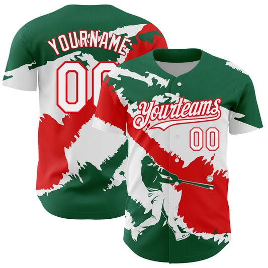 Custom Kelly Green White-Fire Red 3D Mexico Mexican Flag Authentic Baseball Jersey - Sky-Custom