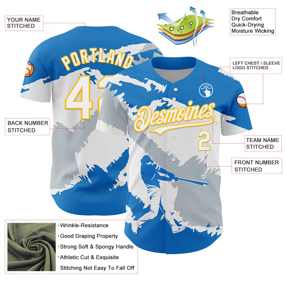Custom Electric Blue Gold-Silver 3D Nicaragua Nicaraguan Flag Authentic Baseball Jersey - Sky-Custom