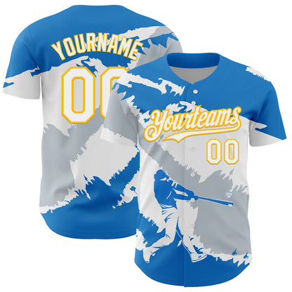 Custom Electric Blue Gold-Silver 3D Nicaragua Nicaraguan Flag Authentic Baseball Jersey - Sky-Custom