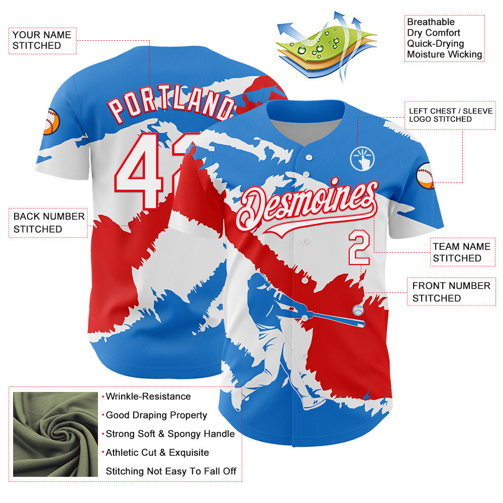 Custom Electric Blue White-Fire Red 3D Puerto Rico Puerto Rican Flag Authentic Baseball Jersey - Sky-Custom