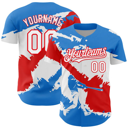 Custom Electric Blue White-Fire Red 3D Puerto Rico Puerto Rican Flag Authentic Baseball Jersey - Sky-Custom