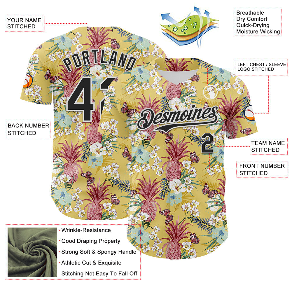 Custom Yellow Black-White 3D Hawaii Tropical Leaves Flower Pineapple Authentic Baseball Jersey - Sky-Custom
