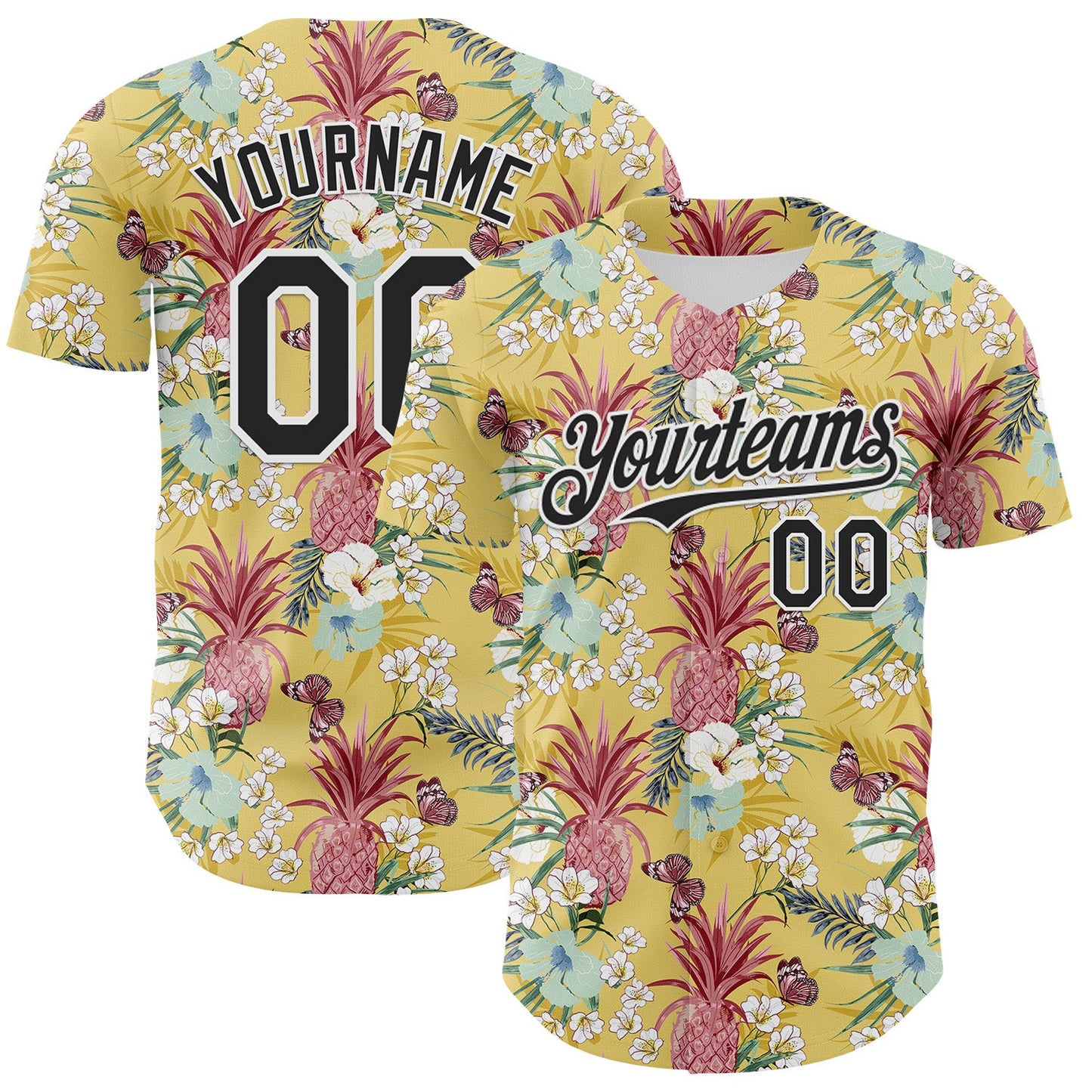 Custom Yellow Black-White 3D Hawaii Tropical Leaves Flower Pineapple Authentic Baseball Jersey - Sky-Custom