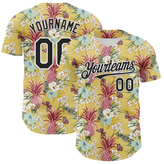 Custom Yellow Black-White 3D Hawaii Tropical Leaves Flower Pineapple Authentic Baseball Jersey - Sky-Custom