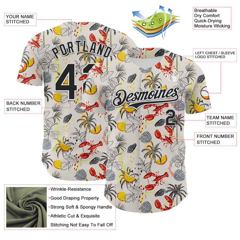 Custom Cream Black-White 3D Hawaii Tropical Palm Tree Lobster Authentic Baseball Jersey - Sky-Custom