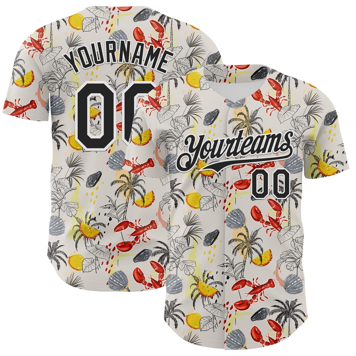Custom Cream Black-White 3D Hawaii Tropical Palm Tree Lobster Authentic Baseball Jersey - Sky-Custom