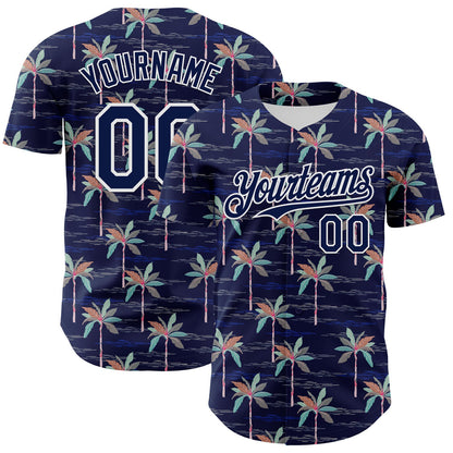 Custom Navy White 3D Hawaii Beach Tropical Palm Tree Authentic Baseball Jersey - Sky-Custom