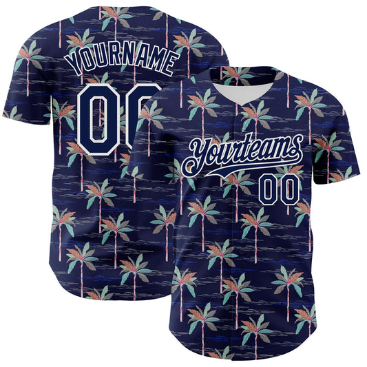 Custom Navy White 3D Hawaii Beach Tropical Palm Tree Authentic Baseball Jersey - Sky-Custom