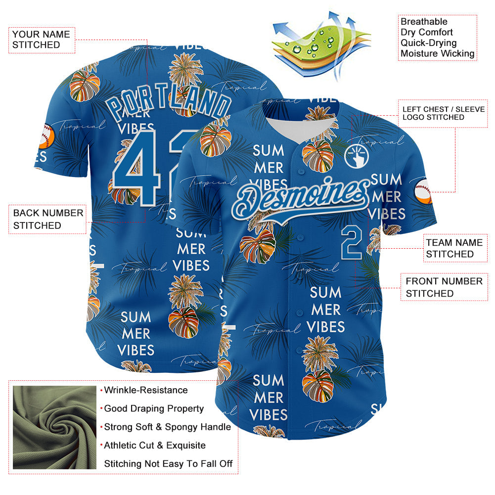 Custom Blue White 3D Hawaii Tropical Leaves Summer Vibes Authentic Baseball Jersey - Sky-Custom