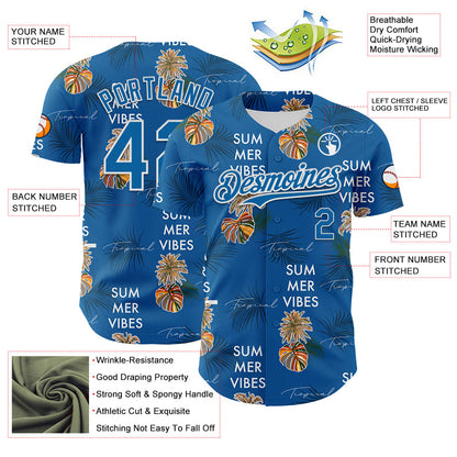 Custom Blue White 3D Hawaii Tropical Leaves Summer Vibes Authentic Baseball Jersey - Sky-Custom