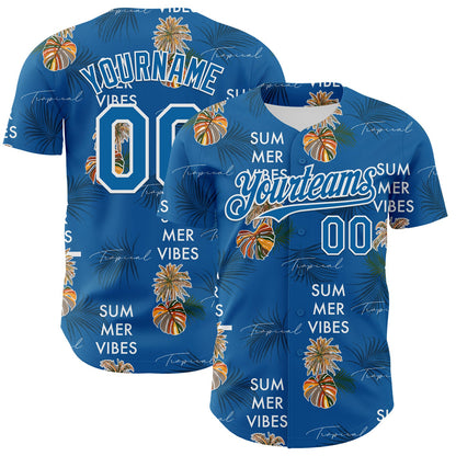 Custom Blue White 3D Hawaii Tropical Leaves Summer Vibes Authentic Baseball Jersey - Sky-Custom