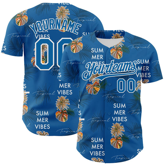 Custom Blue White 3D Hawaii Tropical Leaves Summer Vibes Authentic Baseball Jersey - Sky-Custom