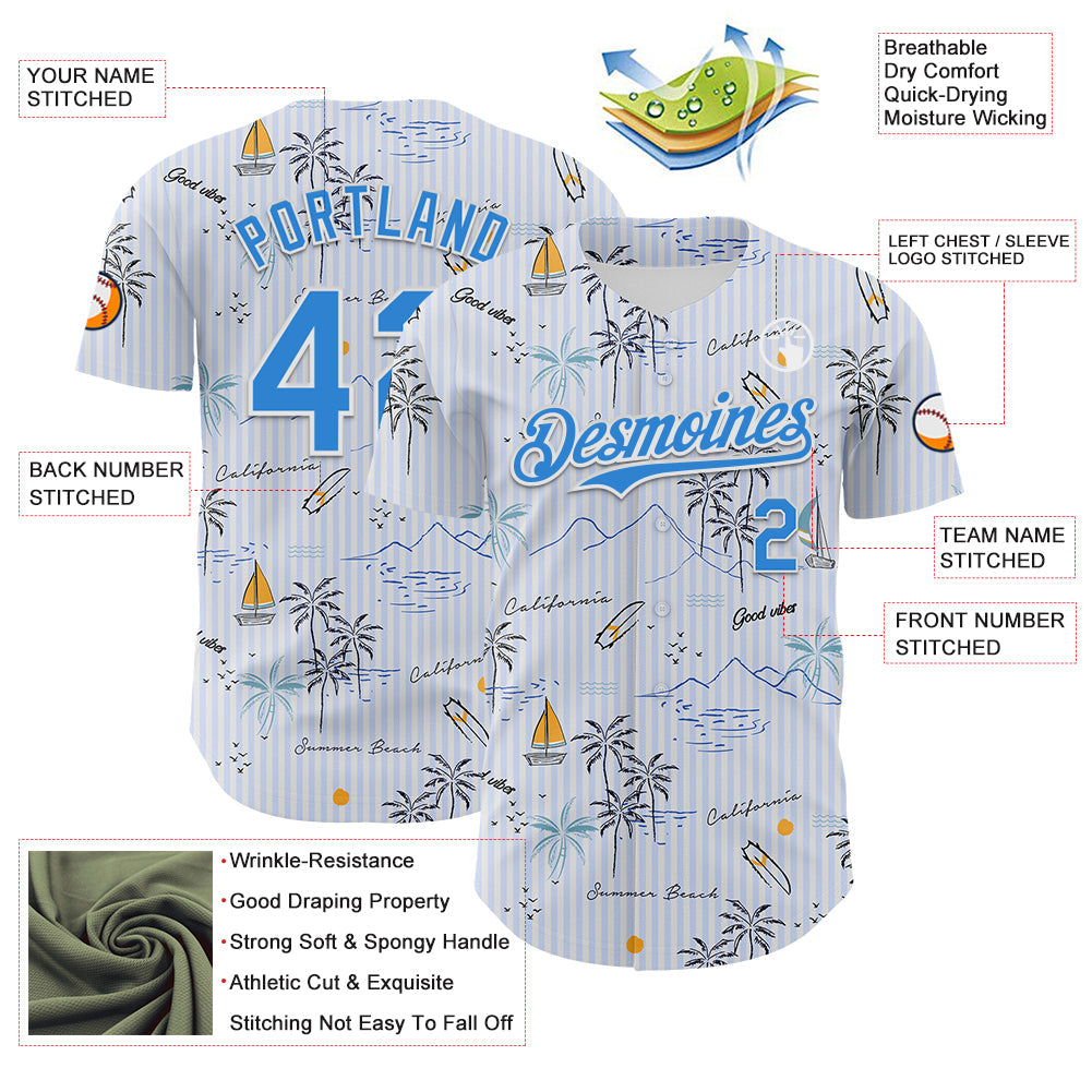 Custom White Electric Blue 3D Hawaii Beach Tropical Palm Tree Authentic Baseball Jersey - Sky-Custom