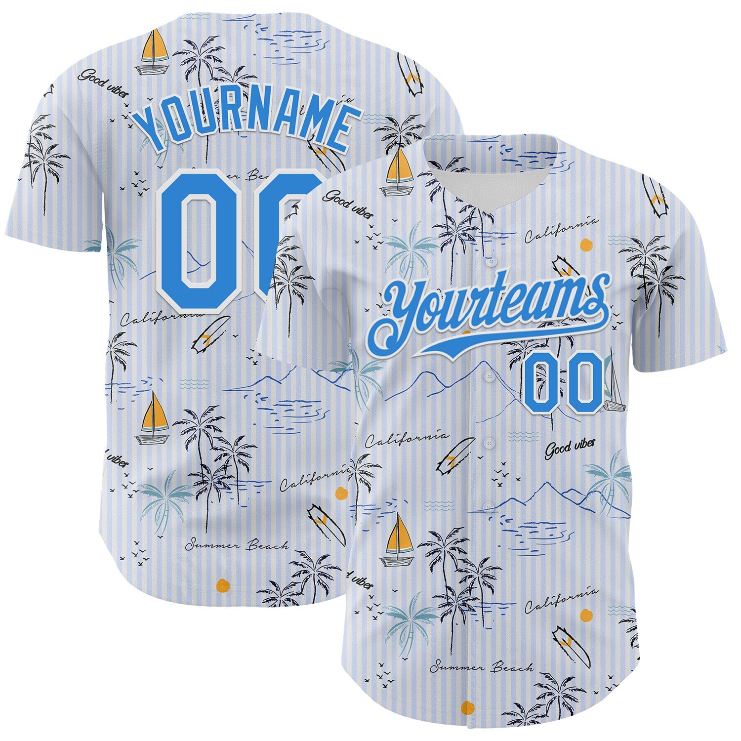 Custom White Electric Blue 3D Hawaii Beach Tropical Palm Tree Authentic Baseball Jersey - Sky-Custom