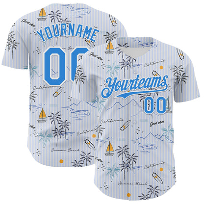 Custom White Electric Blue 3D Hawaii Beach Tropical Palm Tree Authentic Baseball Jersey - Sky-Custom