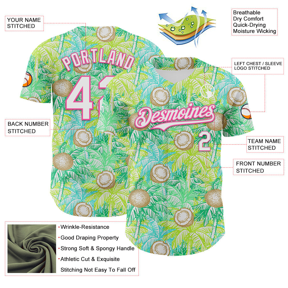 Custom White Pink 3D Hawaii Tropical Coconut Tree Authentic Baseball Jersey - Sky-Custom