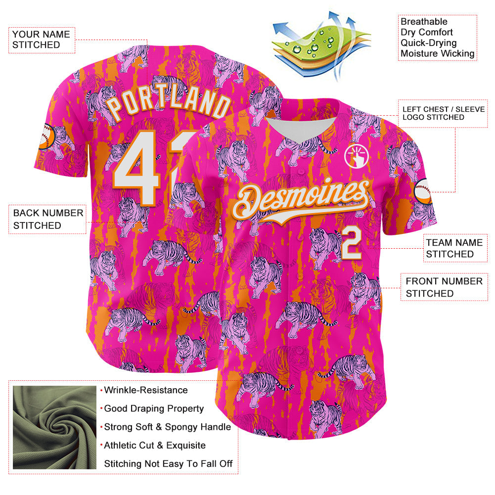 Custom Deep Pink White-Bay Orange 3D Hawaii Tropical Animal Tiger Authentic Baseball Jersey - Sky-Custom