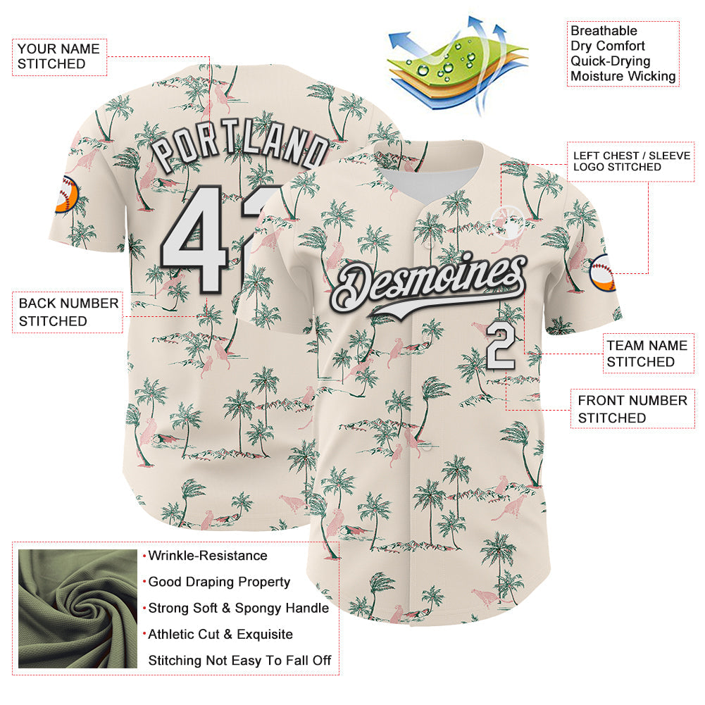 Custom Cream White-Black 3D Hawaii Tropical Palm Tree Leopard Authentic Baseball Jersey - Sky-Custom