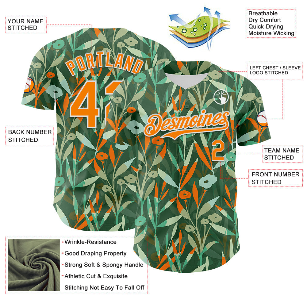 Custom Green Bay Orange-White 3D Hawaii Tropical Leaves And Flowers Authentic Baseball Jersey - Sky-Custom