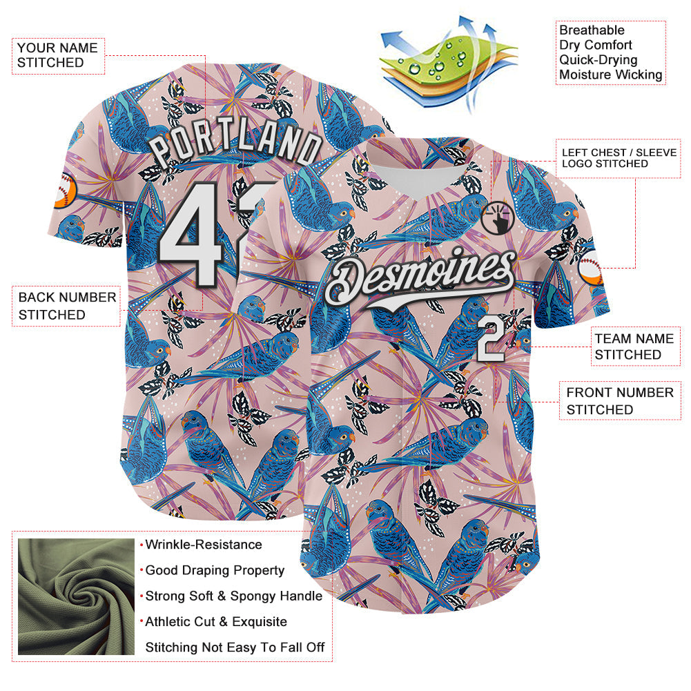 Custom Light Pink White-Black 3D Hawaii Tropical Forest Bird Authentic Baseball Jersey - Sky-Custom