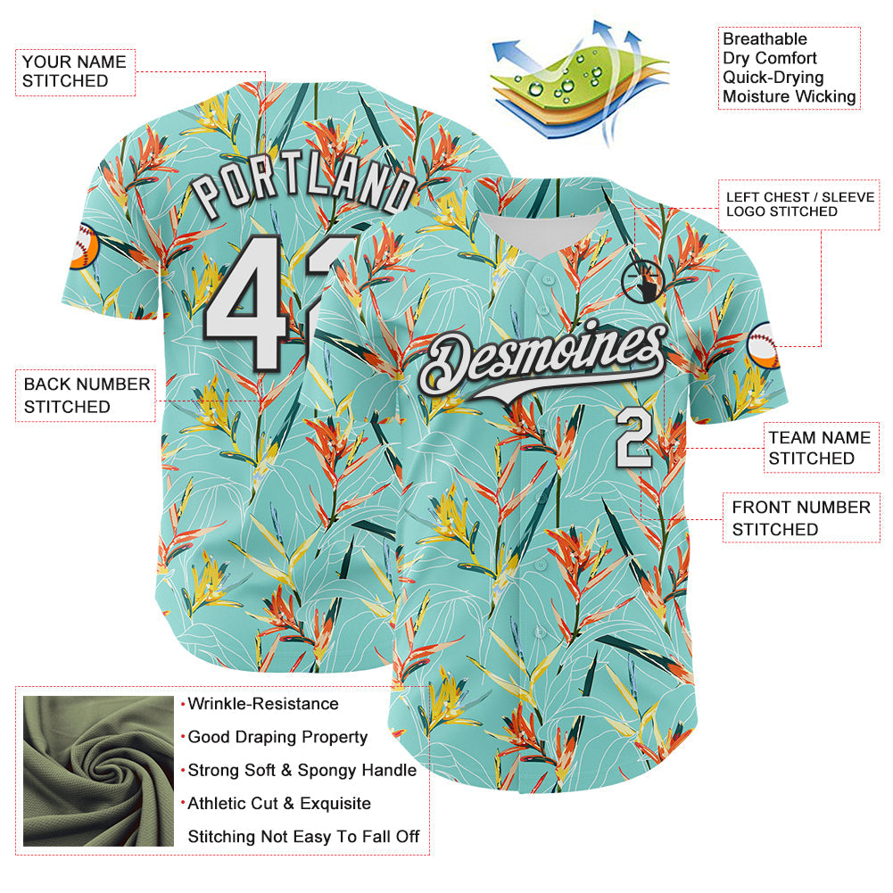 Custom Ice Blue White-Black 3D Hawaii Tropical Leaves Authentic Baseball Jersey - Sky-Custom
