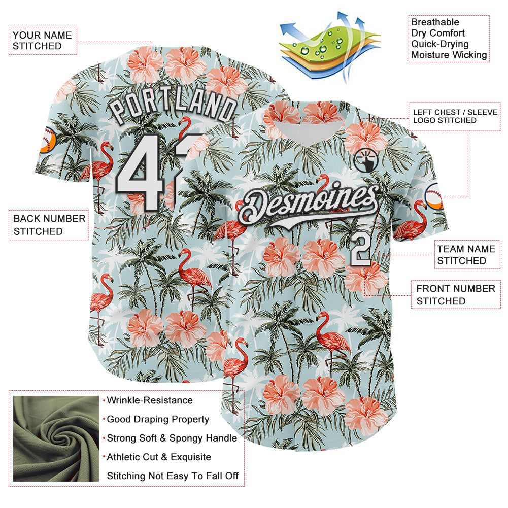 Custom Shadow Blue White-Black 3D Hawaii Tropical Palm Tree Flamingo Authentic Baseball Jersey - Sky-Custom