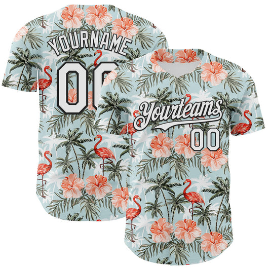 Custom Shadow Blue White-Black 3D Hawaii Tropical Palm Tree Flamingo Authentic Baseball Jersey - Sky-Custom