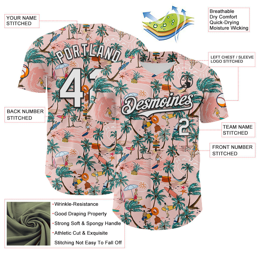 Custom Medium Pink White-Black 3D Hawaii Beach Tropical Palm Tree Surfing Authentic Baseball Jersey - Sky-Custom