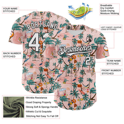 Custom Medium Pink White-Black 3D Hawaii Beach Tropical Palm Tree Surfing Authentic Baseball Jersey - Sky-Custom